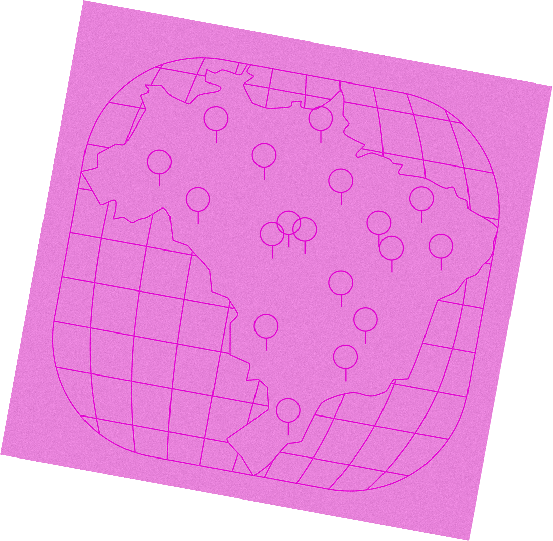 Ilustração do mapa do Brasil com pins marcando mulheres